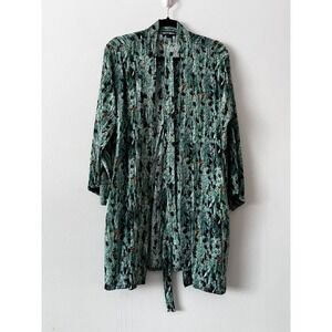 Hildur Yeoman Silk Robe Kimono Green Teal Print Belted size S/M